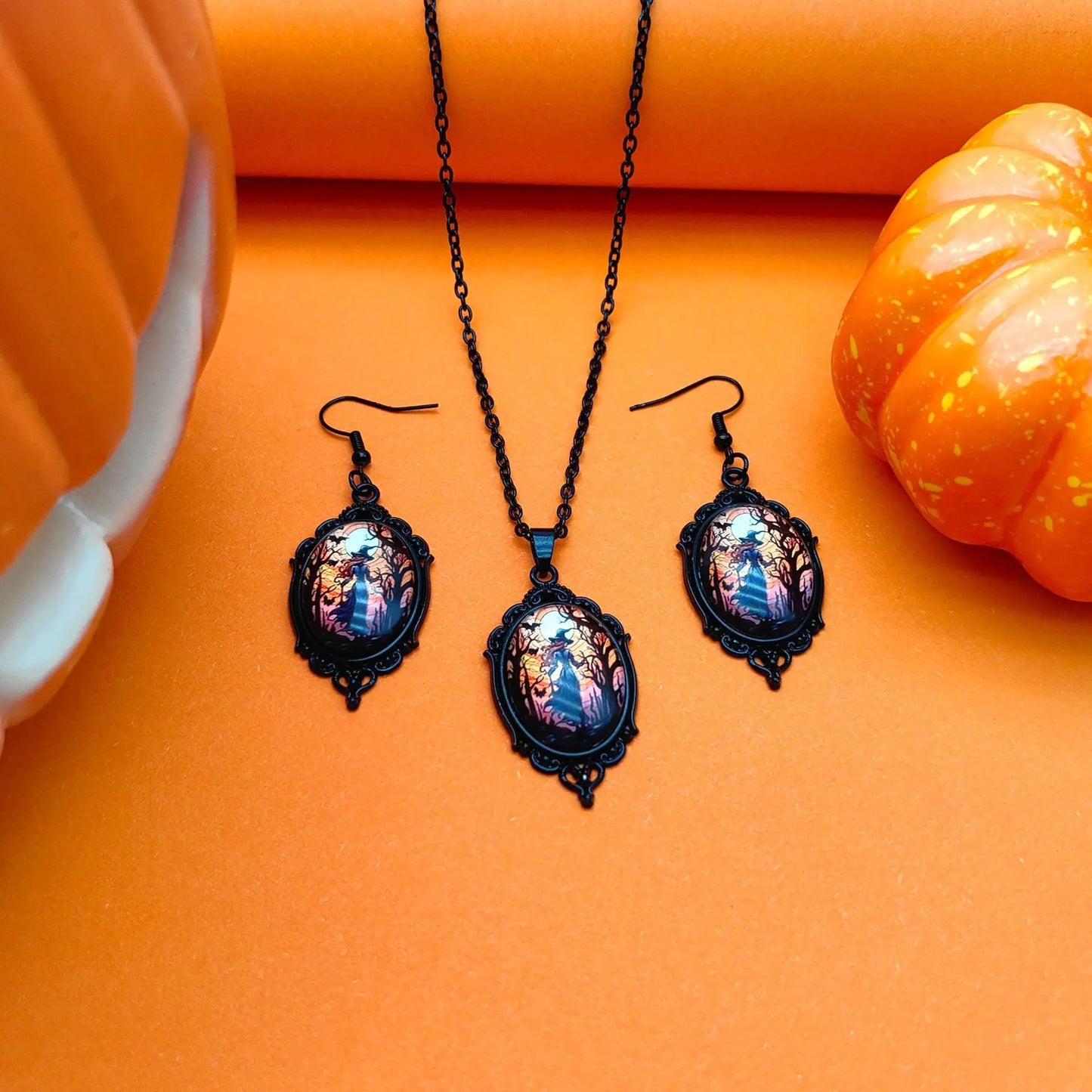 3pcs Vintage Halloween Tree Of Life And Witch Necklace Set With Earrings Alloy Pendant Jewelry trendy-digistore-us