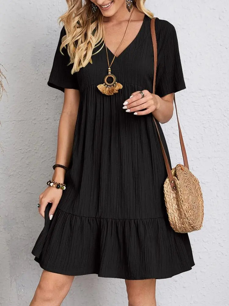 Summer V-neck Dresses Women's Loose Casual Short-sleeved Corset Dress trendy-digistore-us