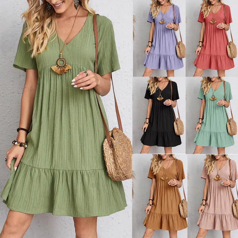 Summer V-neck Dresses Women's Loose Casual Short-sleeved Corset Dress trendy-digistore-us