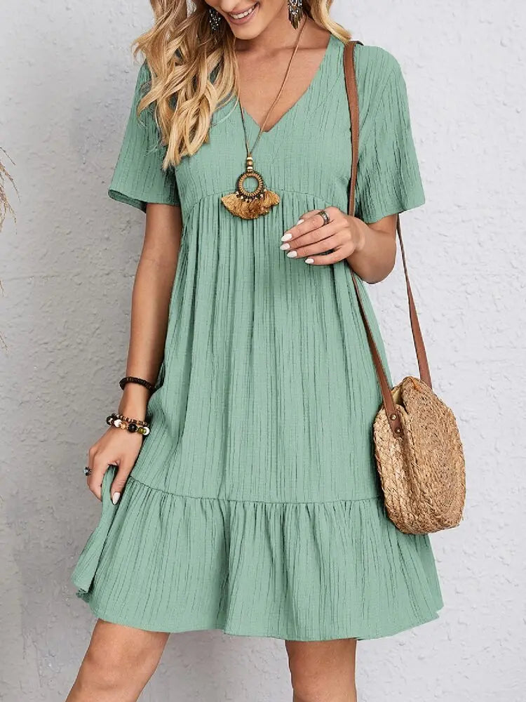 Summer V-neck Dresses Women's Loose Casual Short-sleeved Corset Dress trendy-digistore-us