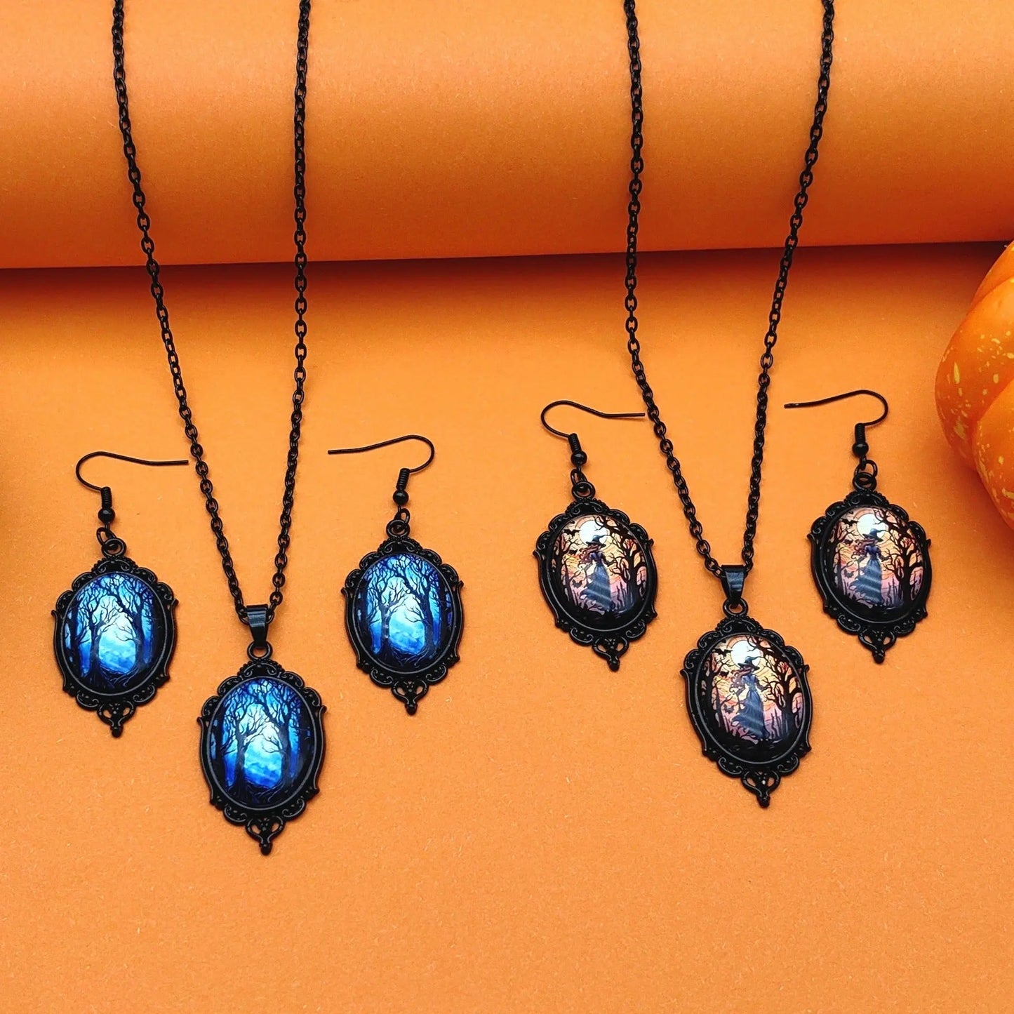 3pcs Vintage Halloween Tree Of Life And Witch Necklace Set With Earrings Alloy Pendant Jewelry trendy-digistore-us