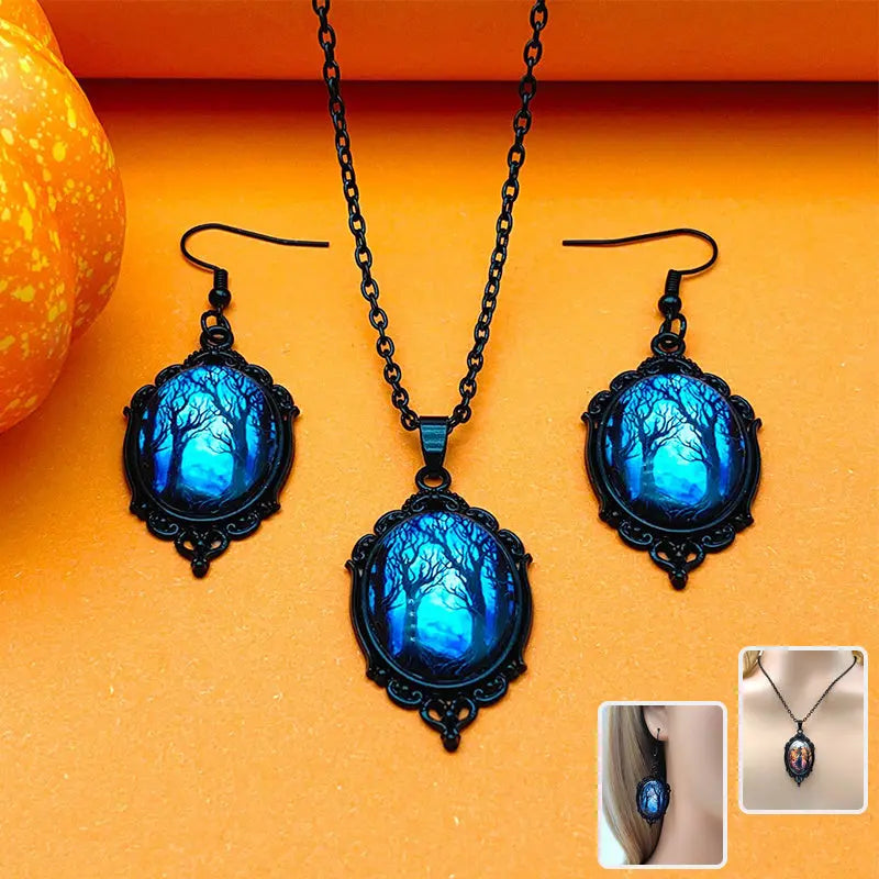 3pcs Vintage Halloween Tree Of Life And Witch Necklace Set With Earrings Alloy Pendant Jewelry trendy-digistore-us