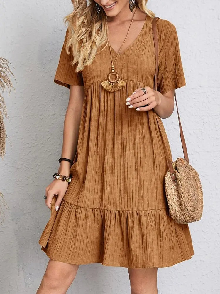 Summer V-neck Dresses Women's Loose Casual Short-sleeved Corset Dress trendy-digistore-us