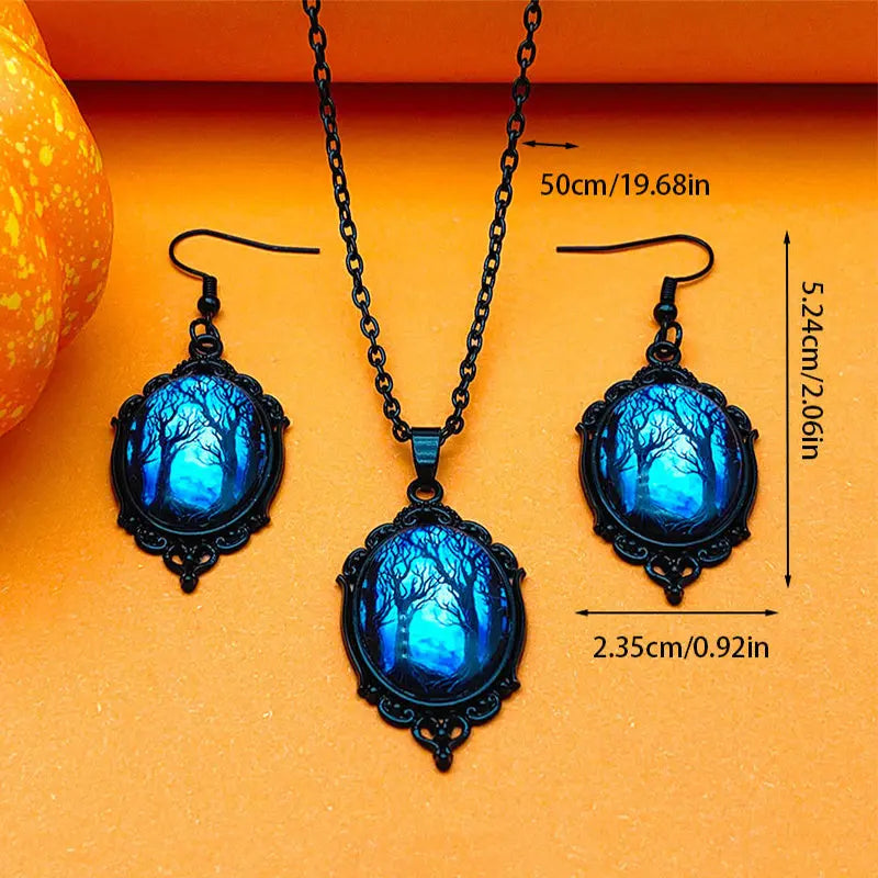3pcs Vintage Halloween Tree Of Life And Witch Necklace Set With Earrings Alloy Pendant Jewelry trendy-digistore-us
