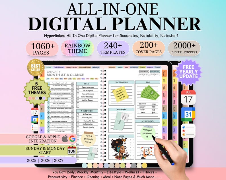 Adorise All-in-One Digital Planner 2025 - 2026 - 2027: Hyperlinked Daily, Weekly, Monthly Journal for Goodnotes, Apple & Google Calendar